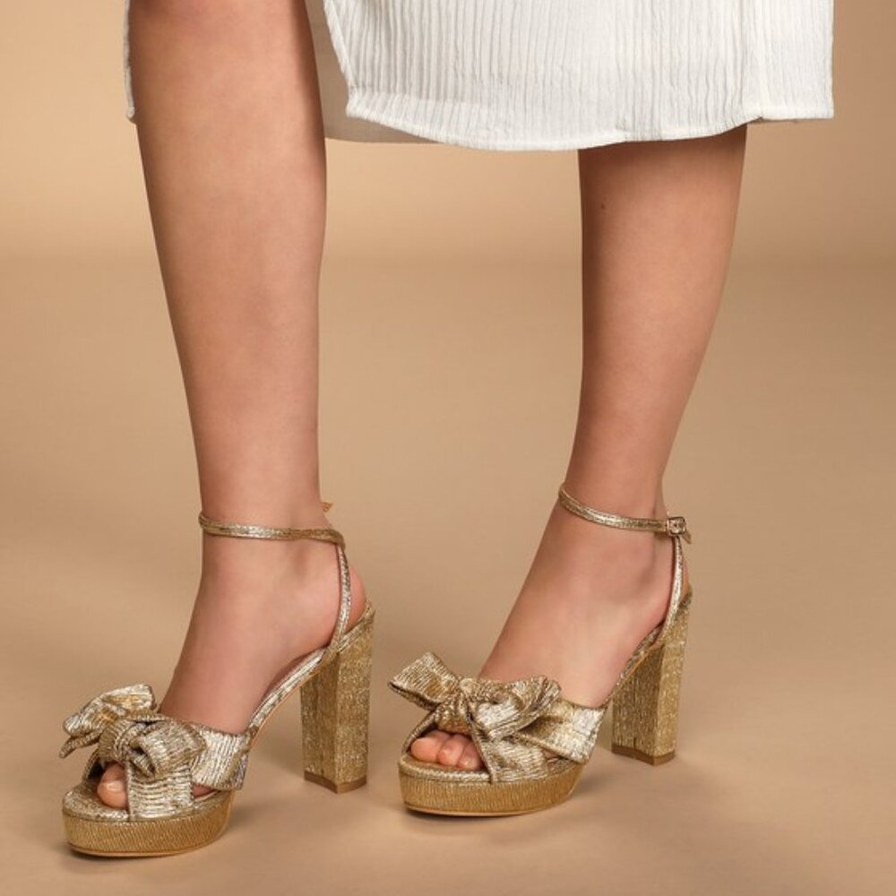 Lulus Lilsa Gold Metallic Bow Platform Ankle Strap Heels - Size 9